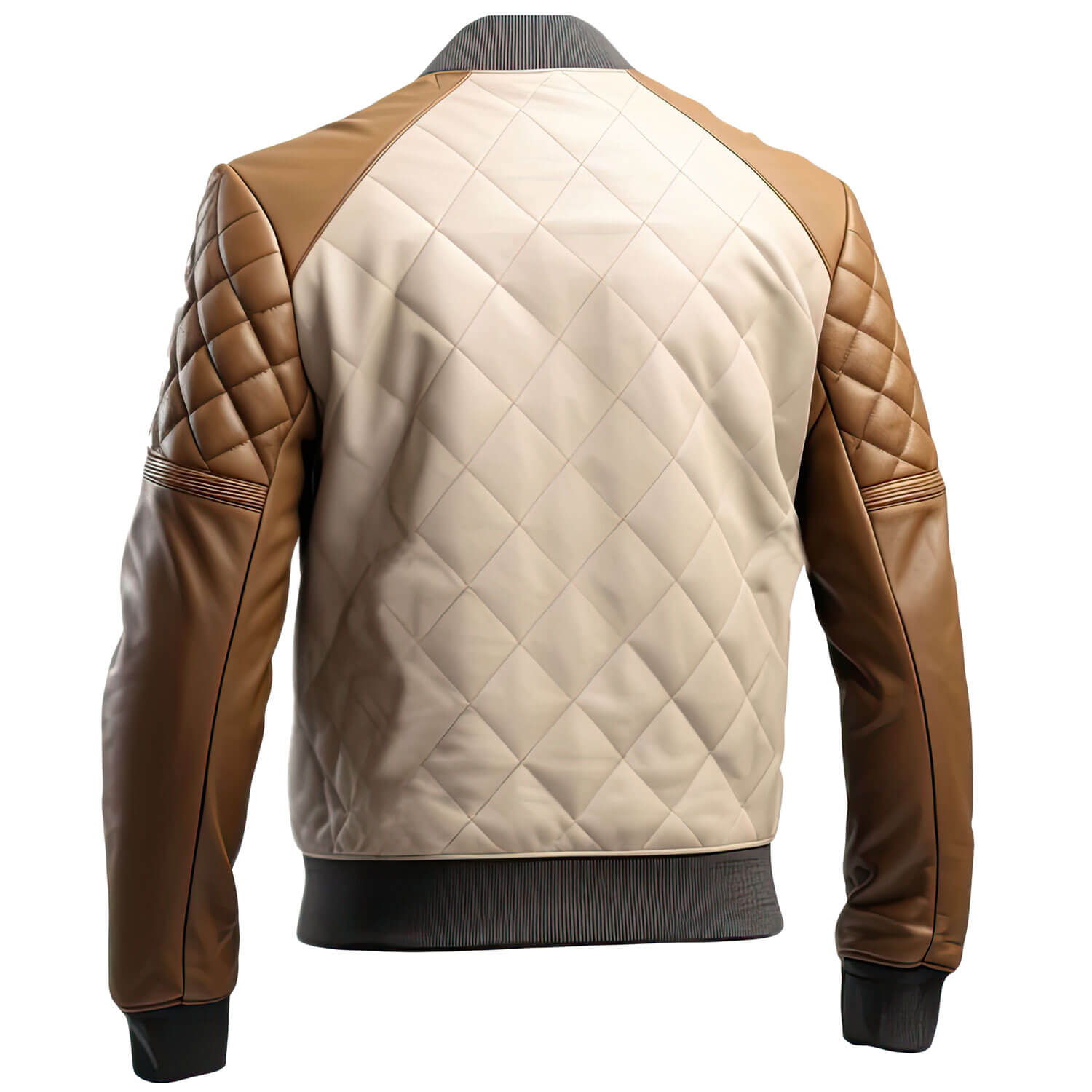 Men's Brown Beige Genuine Sheepskin Baseball Collar Classy Casual Sporty Scooter Diamond Quilted Bomber Leather Jacket - Back View - Docacca