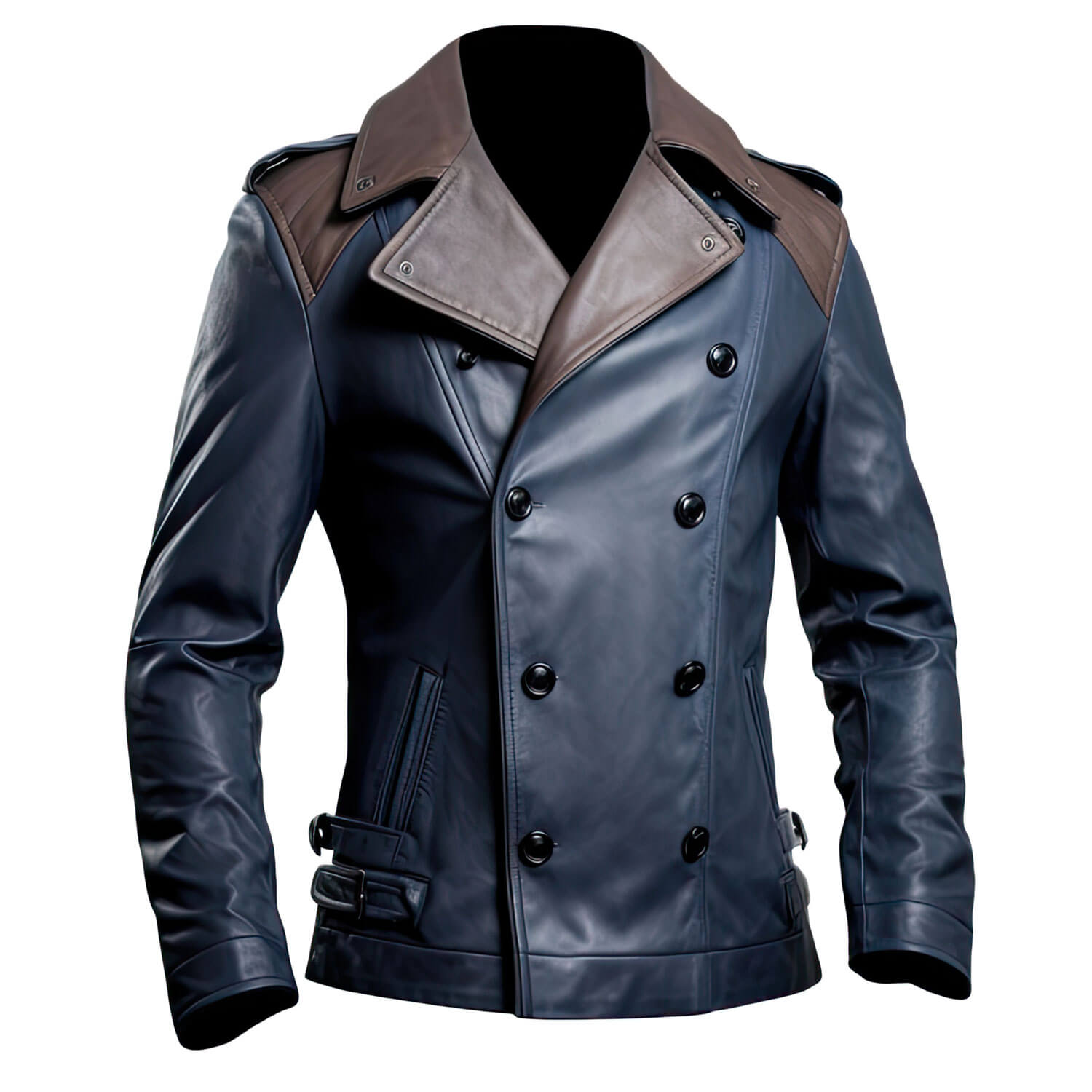 Men's Navy Blue Brown Genuine Sheepskin Notch Lapel Collar Classy Smooth Outfit Double Breasted Leather Trench Coat - Front View - Docacca