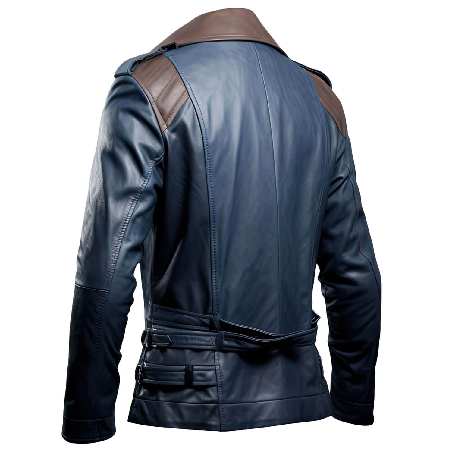 Men's Navy Blue Brown Genuine Sheepskin Notch Lapel Collar Classy Smooth Outfit Double Breasted Leather Trench Coat - Back View - Docacca