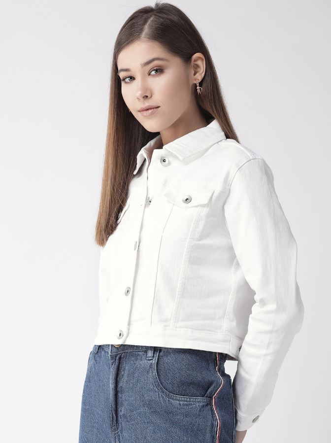 Women White Solid Denim Jacket
