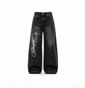 -Unisex black washed front printed wide leg