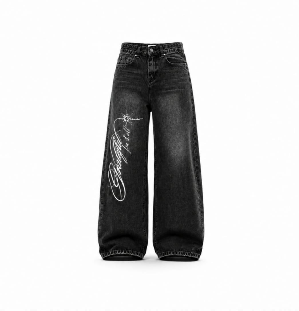 -Unisex black washed front printed wide leg