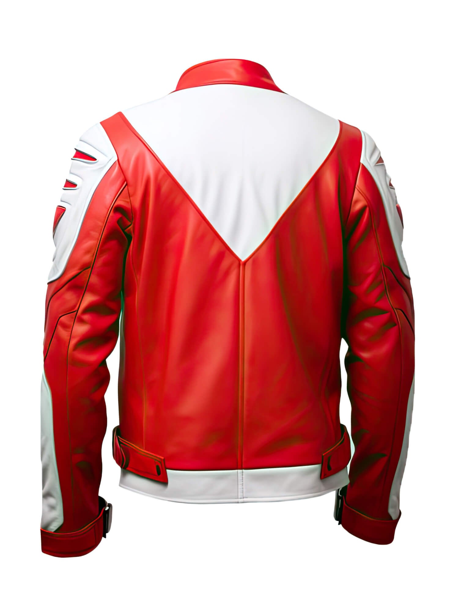 Men's Red White Genuine Sheepskin Stand Collar Zip-Up Elegant Winter Lightweight Punk Biker Scooter Leather Jacket - Back View - Docacca