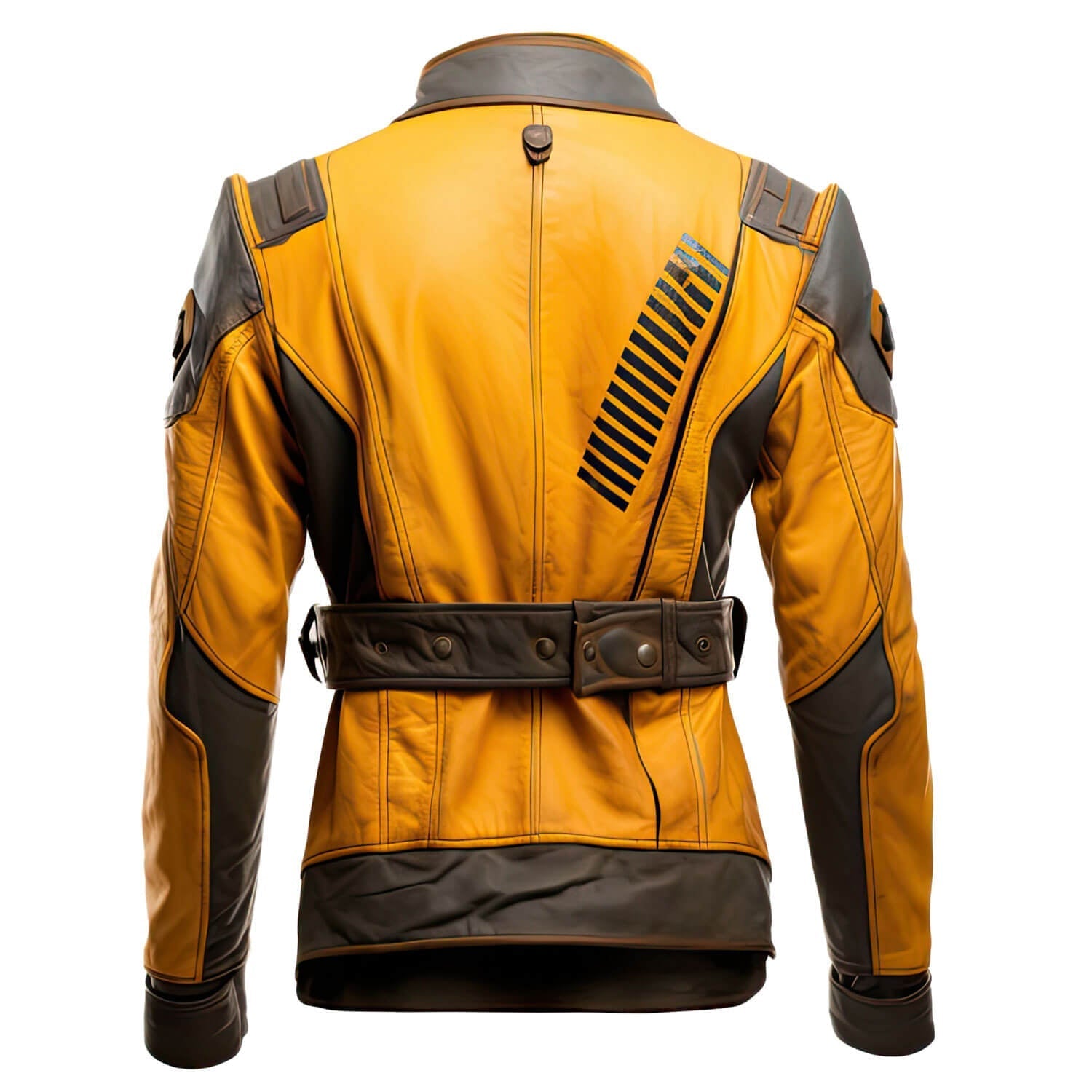 Men's Brown Mustard Yellow Genuine Sheepskin Stand Collar Vintage Outerwear Winter Warm Military Style Leather Jacket - Back View - Docacca