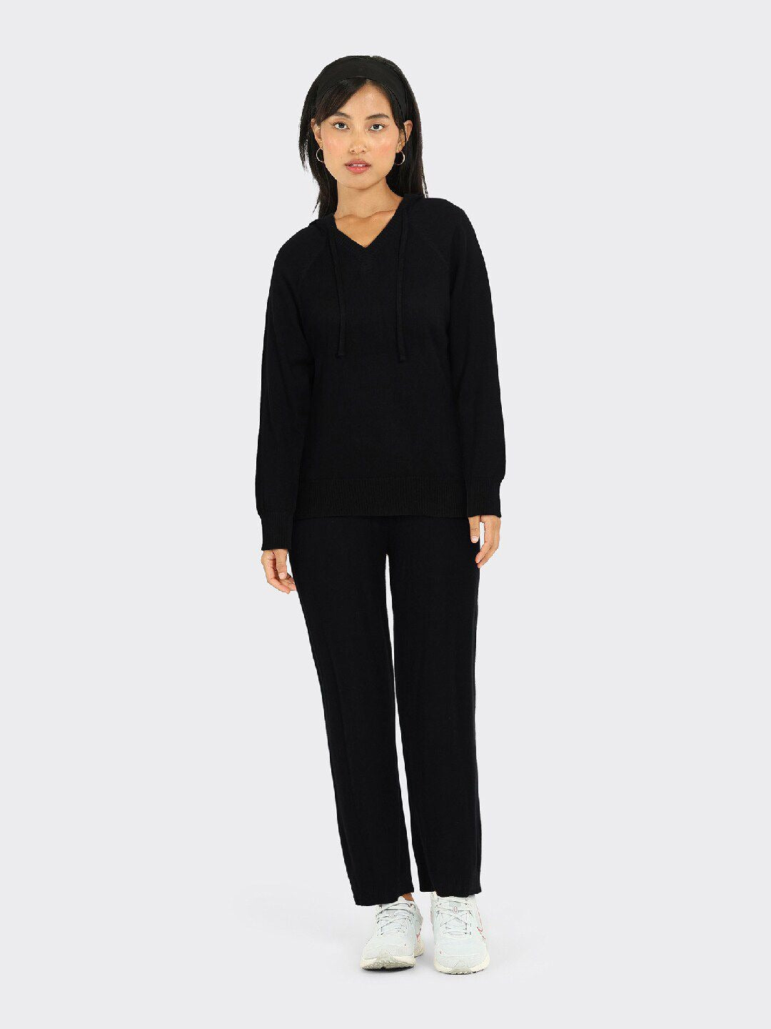 Women Black Hooded Hoodie — Classic Black Pullover with Kangaroo Pocket | DOCACCA Pakistan