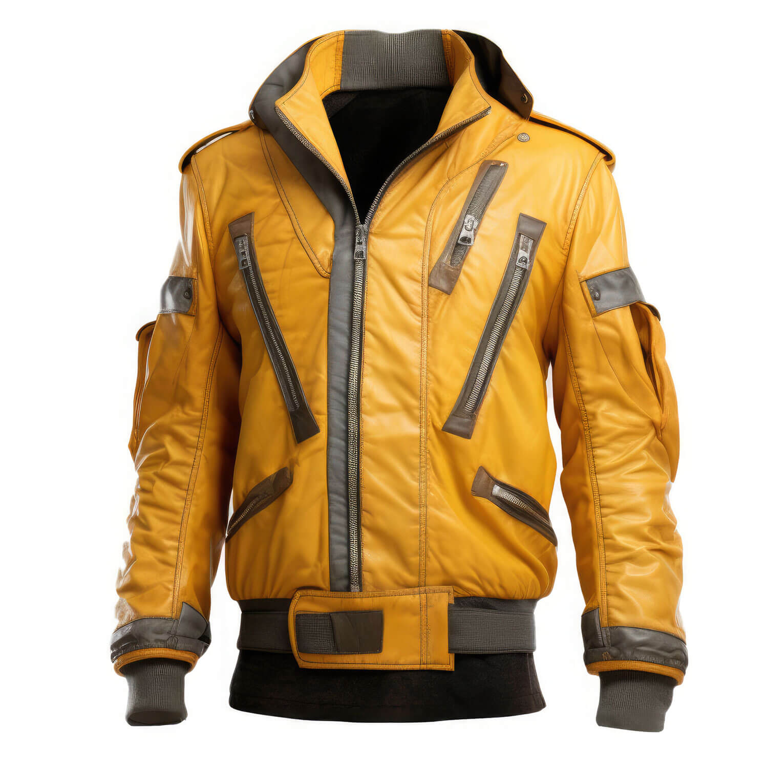 Men's Mustard Yellow Grey Genuine Sheepskin Stand Collar Baggy Style Miliary Style Multi-Zippered Bomber Leather Jacket - Front View - Docacca