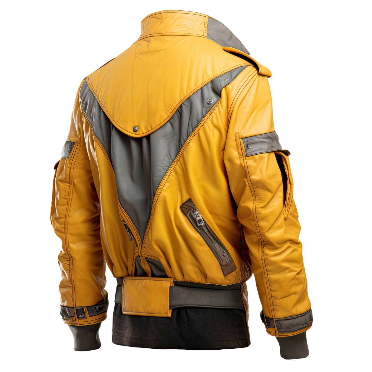 Men's Mustard Yellow Grey Genuine Sheepskin Stand Collar Baggy Style Miliary Style Multi-Zippered Bomber Leather Jacket - Back View - Docacca