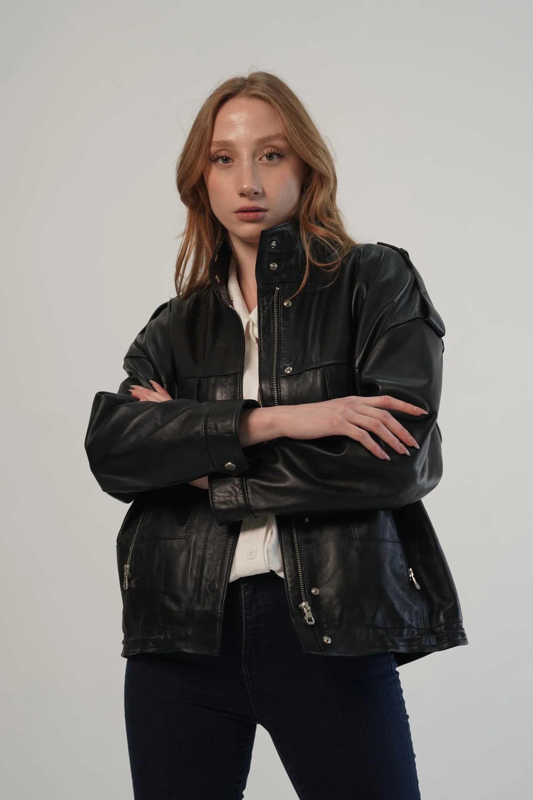 Oversize Black Leather Jacket For Women's
