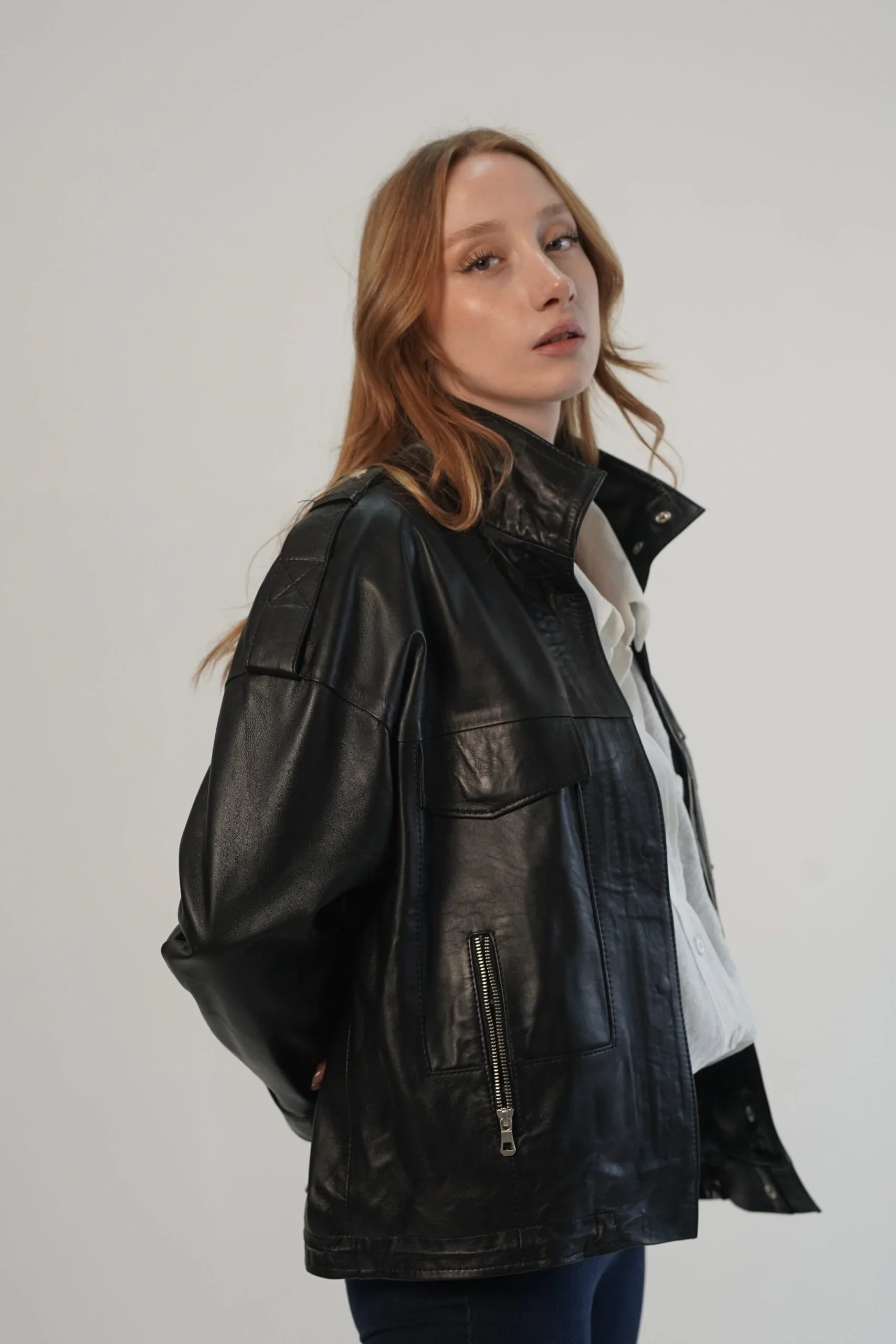 Oversize Black Leather Jacket For Women's