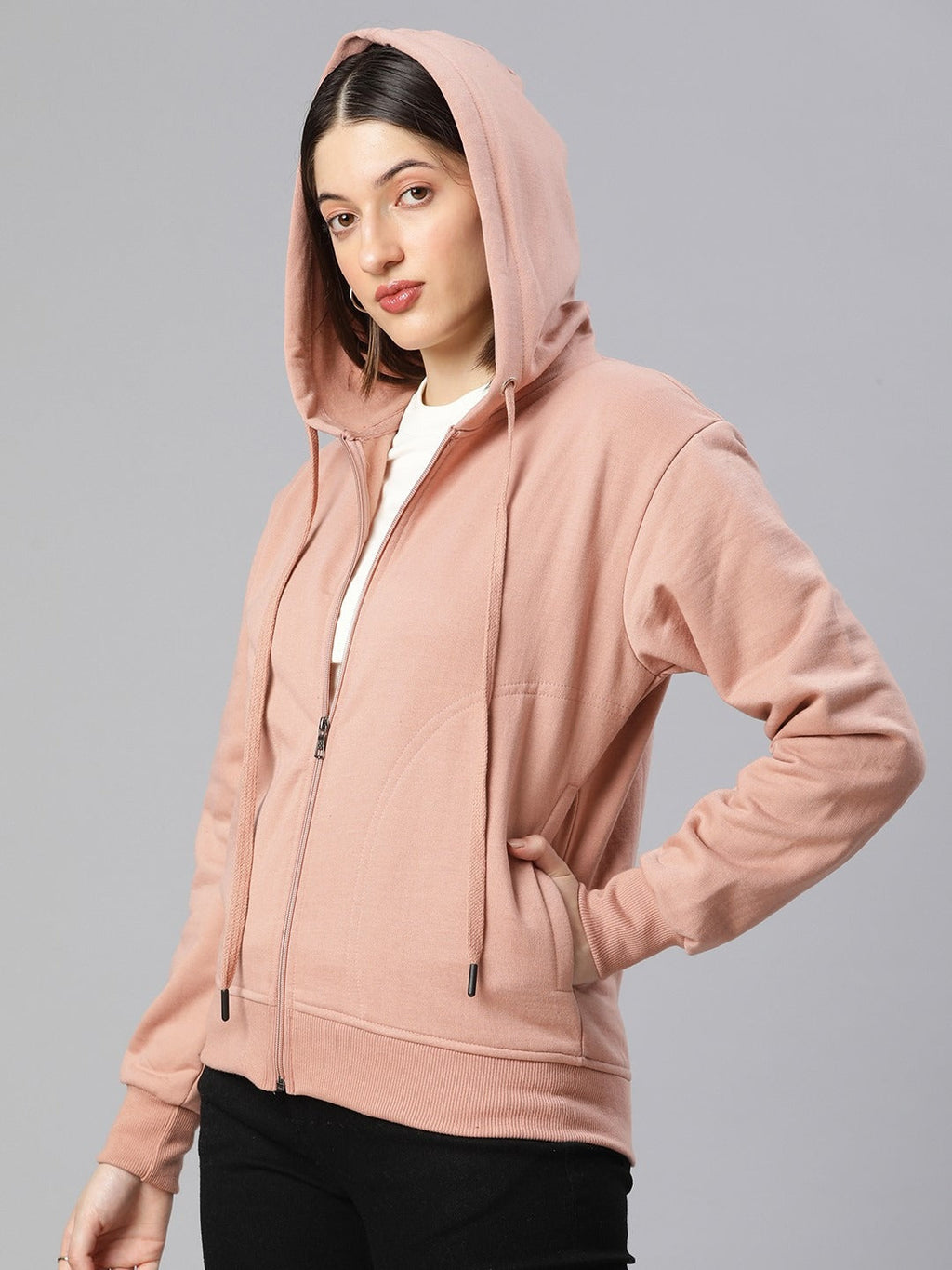 Women Black Solid Training Hooded Rapid-Dry Zipper — Lightweight Athletic Zip Hoodie | DOCACCA Pakistan
