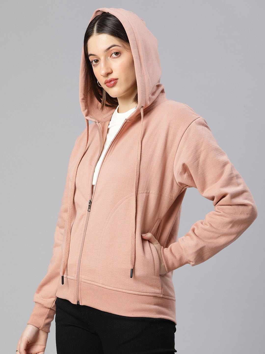 Women Black Solid Training Hooded Rapid-Dry Zipper — Lightweight Athletic Zip Hoodie | DOCACCA Pakistan