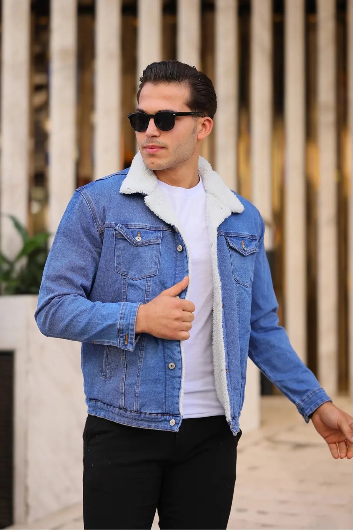 Full White Fur Light Blue Denim Jacket for Men by DOCACCA – Stylish winter wear in Pakistan.