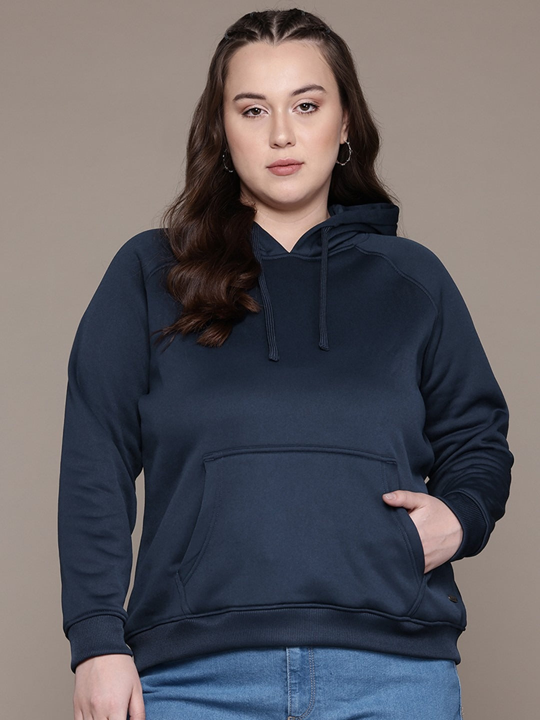 Women Navy Blue Solid Hooded Hoodie — Classic Cotton Pullover with Kangaroo Pocket | DOCACCA Pakistan