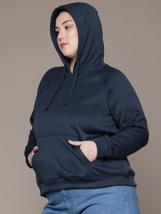 Women Navy Blue Solid Hooded Hoodie — Classic Cotton Pullover with Kangaroo Pocket | DOCACCA Pakistan