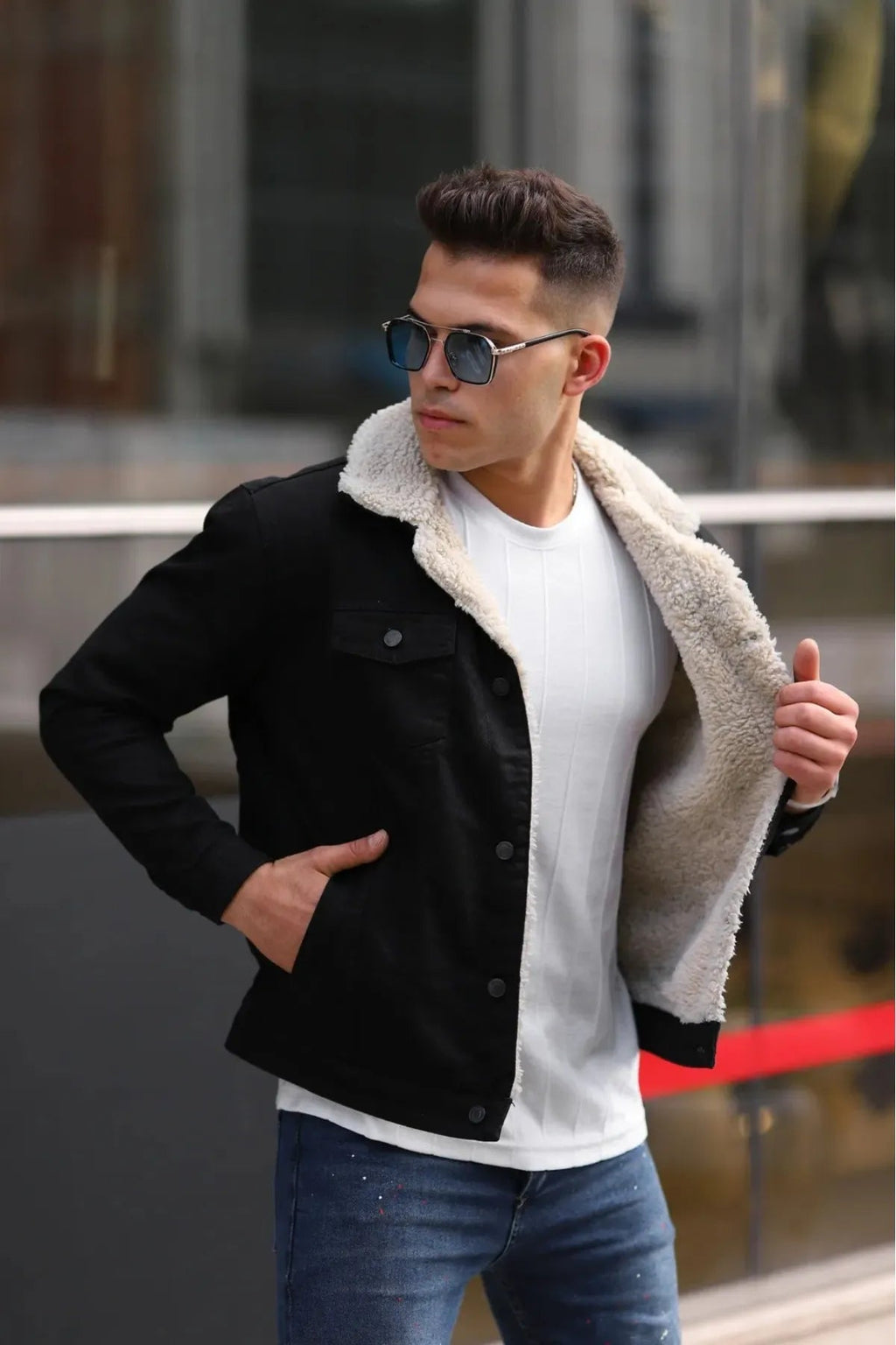 Men's Off White Fur Black Denim Jacket – Premium Style by DOCACCA
