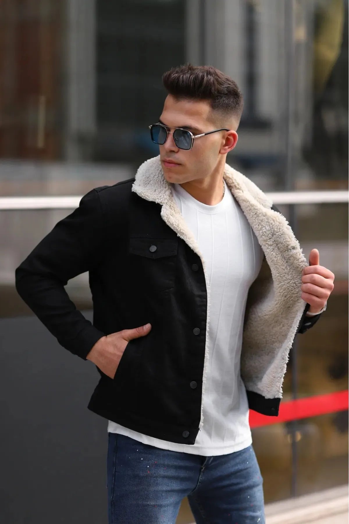 Men's Off White Fur Black Denim Jacket – Premium Style by DOCACCA