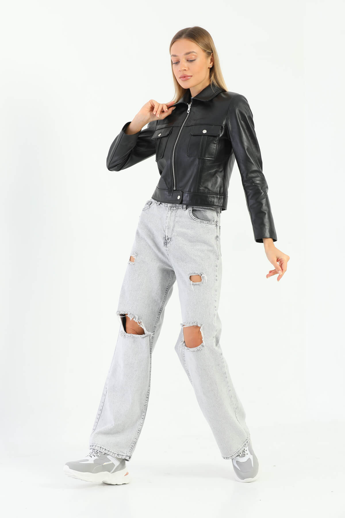 Astrid Glossy Black Crop Leather Jacket Women