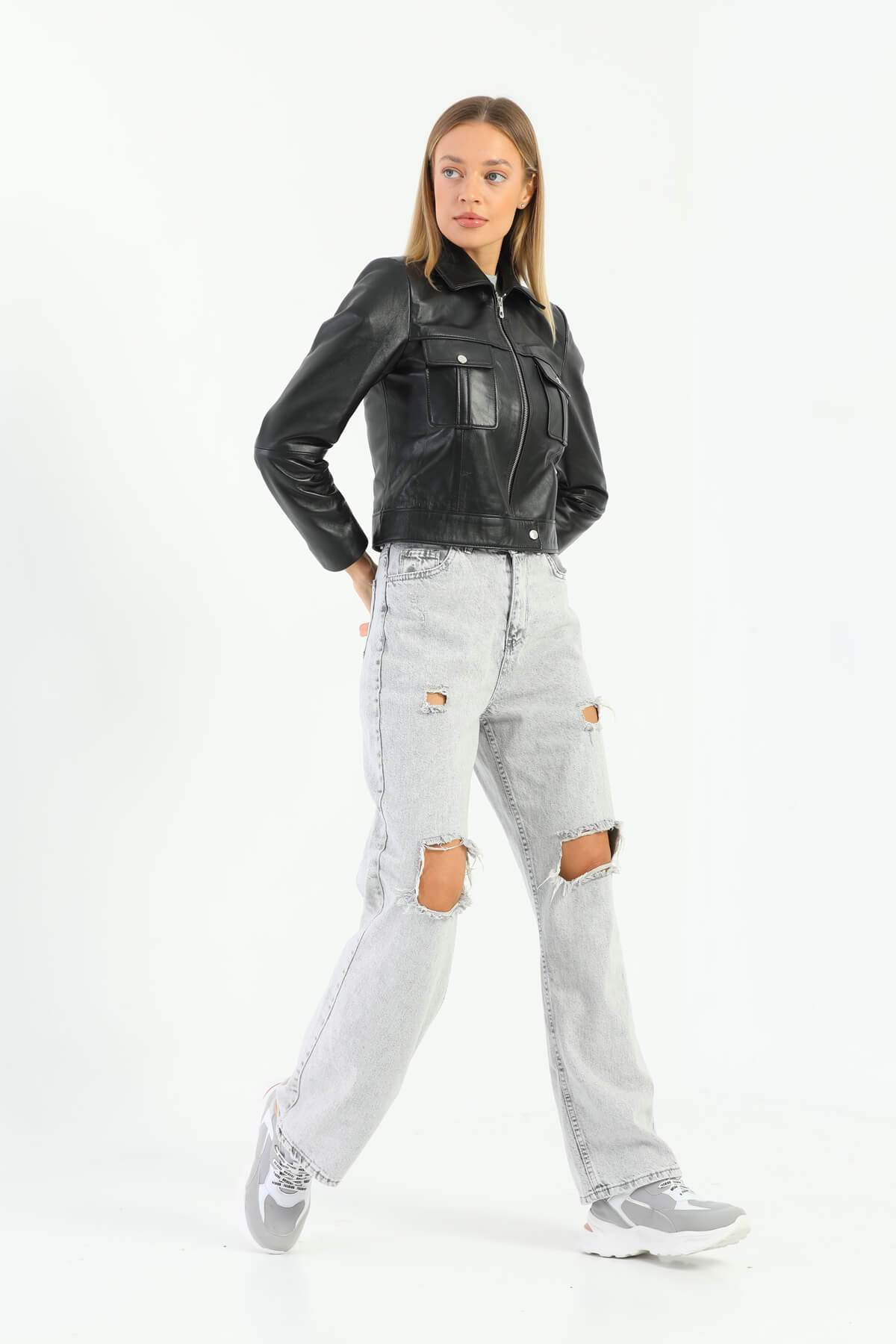 Astrid Glossy Black Crop Leather Jacket Women