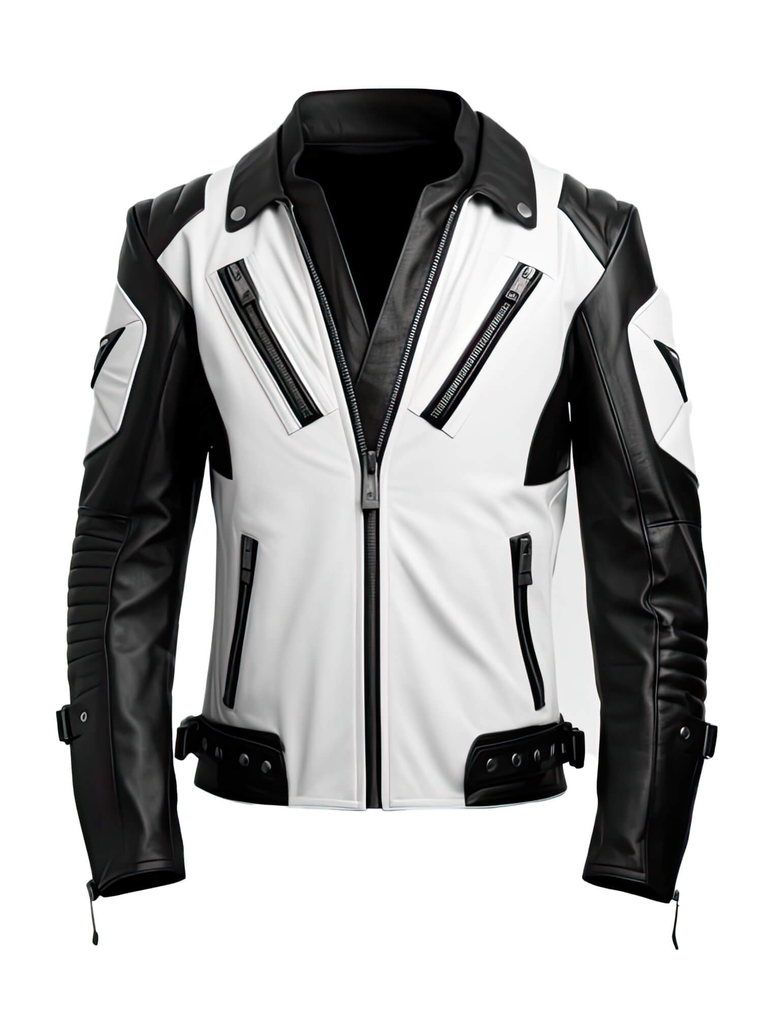 Men's White Black Genuine Sheepskin Stand Collar V-Neck Quilted Belted Soft Casual Slim-fit Moto Biker Leather Jacket - Front View - Docacca