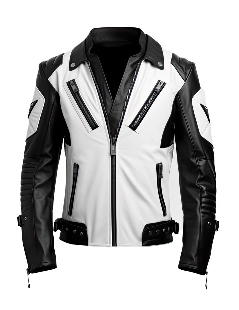 Men's White Black Genuine Sheepskin Stand Collar V-Neck Quilted Belted Soft Casual Slim-fit Moto Biker Leather Jacket - Front View - Docacca