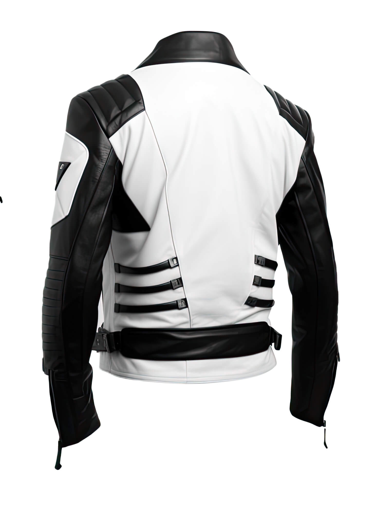 Men's White Black Genuine Sheepskin Stand Collar V-Neck Quilted Belted Soft Casual Slim-fit Moto Biker Leather Jacket - Back View - Docacca