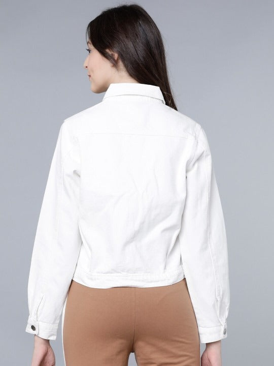 Women White Solid Crop Denim Jacket – Trendy Lightweight Layer for Pakistani Summers | DOCACCA