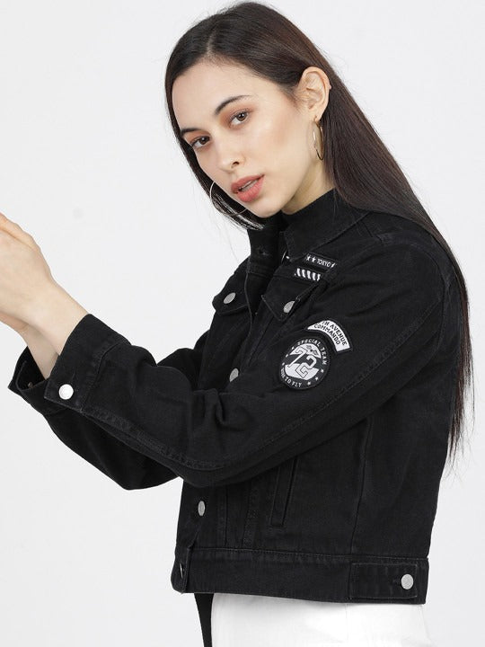 Women Black Solid Denim Jacket – Trendy Everyday Outerwear in Pakistan | DOCACCA