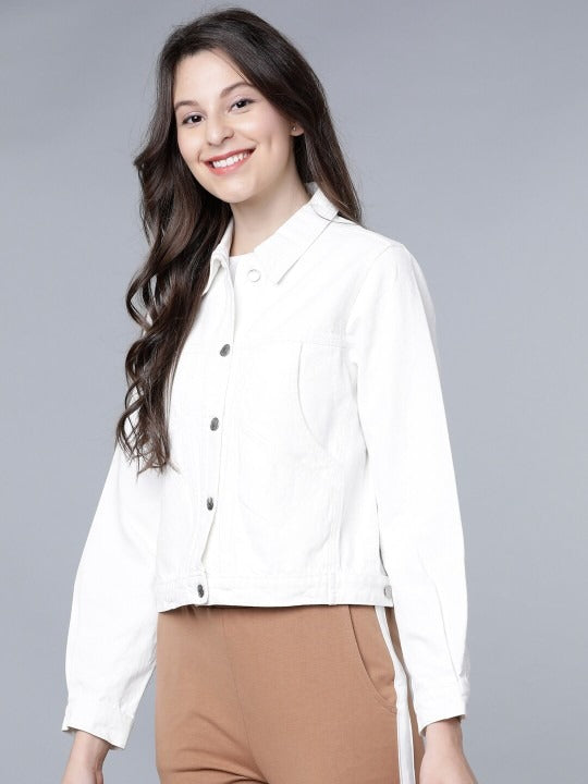 Women White Solid Crop Denim Jacket – Trendy Lightweight Layer for Pakistani Summers | DOCACCA