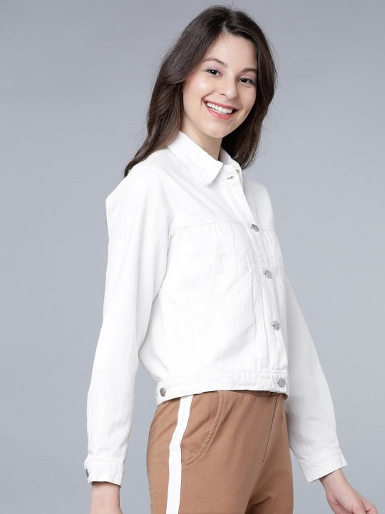 Women White Solid Crop Denim Jacket – Trendy Lightweight Layer for Pakistani Summers | DOCACCA