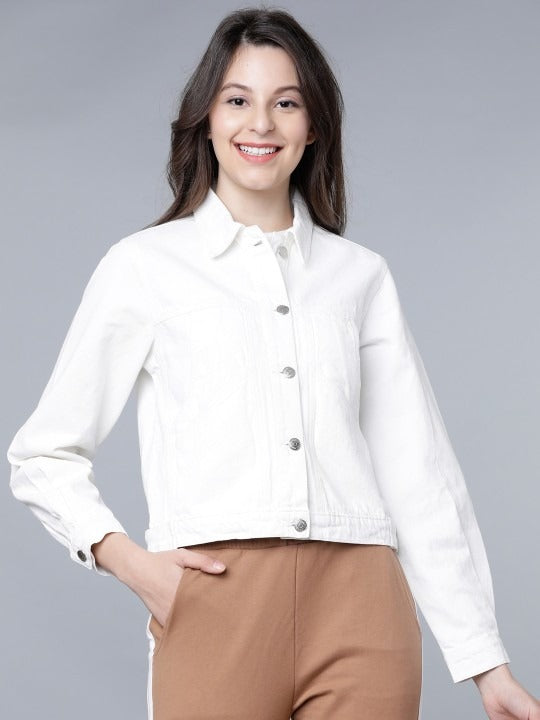 Women White Solid Crop Denim Jacket – Trendy Lightweight Layer for Pakistani Summers | DOCACCA