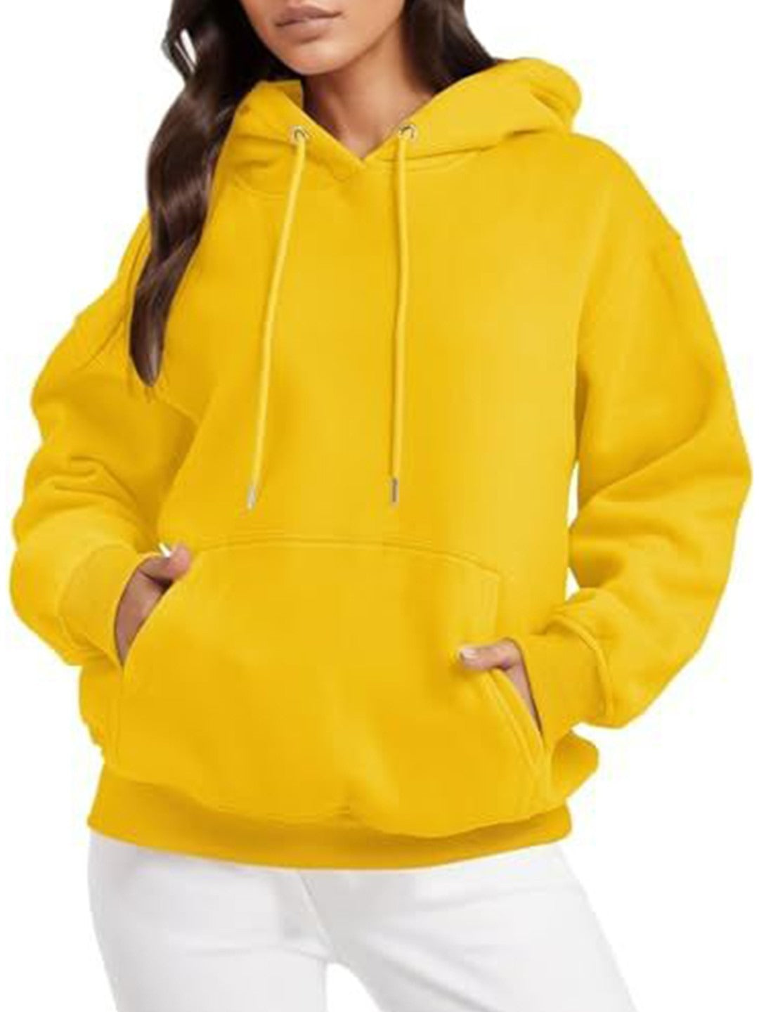 Women Yellow Hooded Hoodie — Bright Yellow Cotton Pullover with Kangaroo Pocket | DOCACCA Pakistan