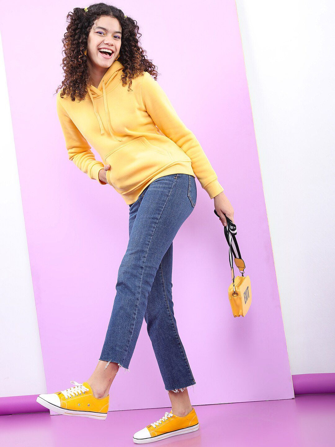 Women Yellow Hooded Hoodie — Bright Cotton Pullover with Kangaroo Pocket | DOCACCA Pakistan