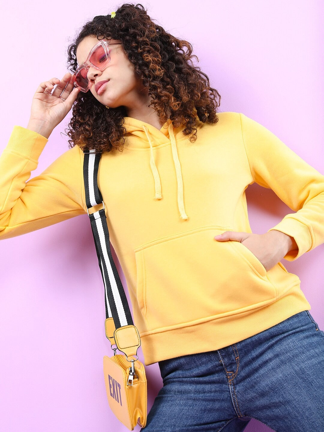 Women Yellow Hooded Hoodie — Bright Cotton Pullover with Kangaroo Pocket | DOCACCA Pakistan