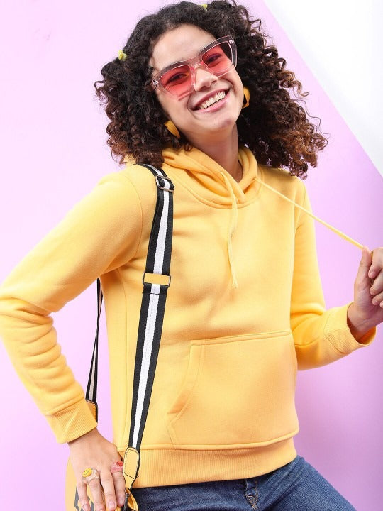 Women Yellow Hooded Hoodie — Bright Cotton Pullover with Kangaroo Pocket | DOCACCA Pakistan