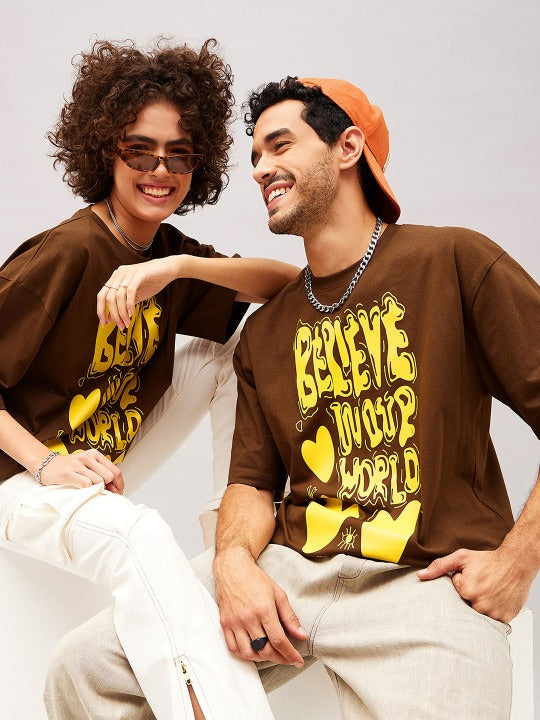 Unisex Brown Typography Printed Pure Cotton Oversized T-shirt – Premium Streetwear Style for Men & Women in Pakistan | DOCACCA