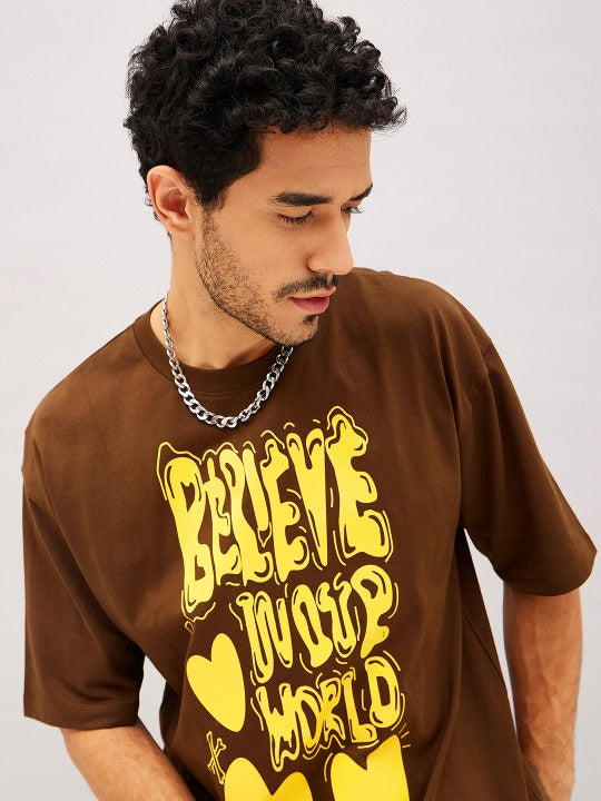 Unisex Brown Typography Printed Pure Cotton Oversized T-shirt – Premium Streetwear Style for Men & Women in Pakistan | DOCACCA