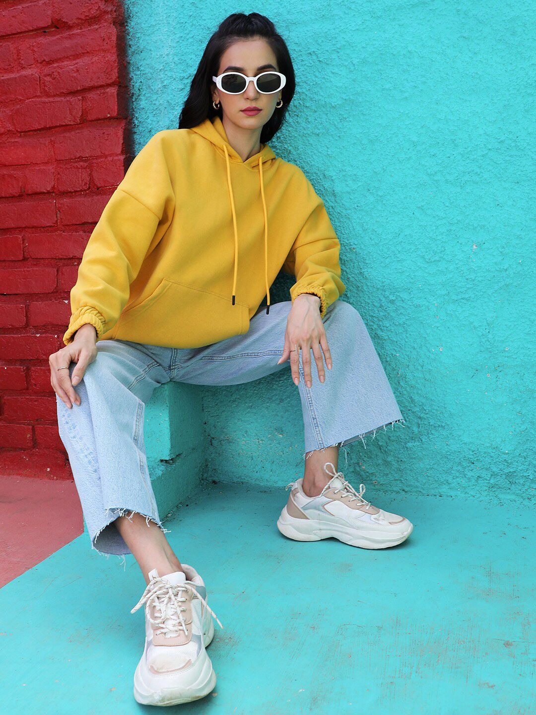 Women Yellow Hooded Hoodie — Bright Cotton Pullover with Kangaroo Pocket | DOCACCA Pakistan