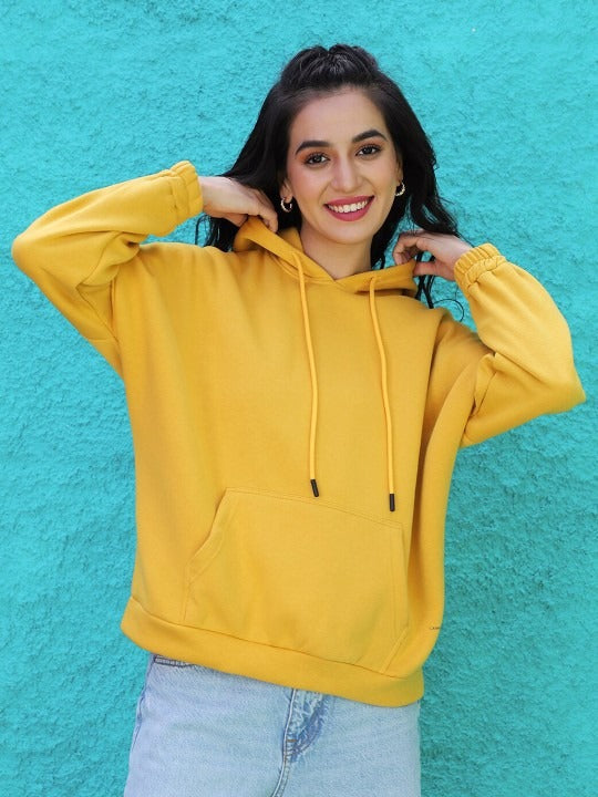 Women Yellow Hooded Hoodie — Bright Cotton Pullover with Kangaroo Pocket | DOCACCA Pakistan