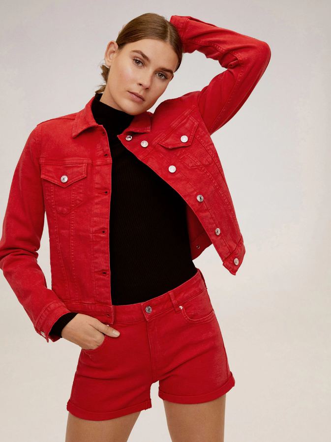 Women Red Solid Denim Jacket