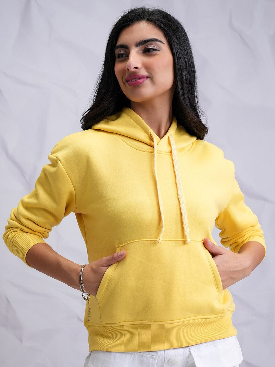 Yellow Relaxed Hooded Pullover Hoodie for Women — Casual Cotton-Blend Sweatshirt | DOCACCA Pakistan