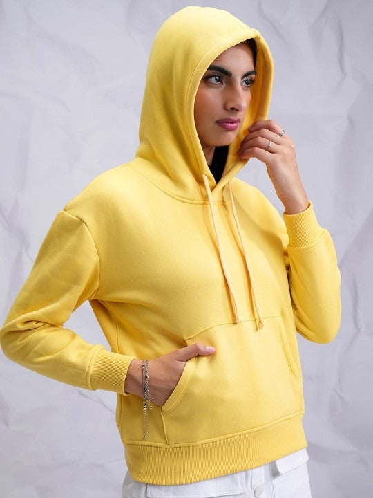 Yellow Relaxed Hooded Pullover Hoodie for Women — Casual Cotton-Blend Sweatshirt | DOCACCA Pakistan