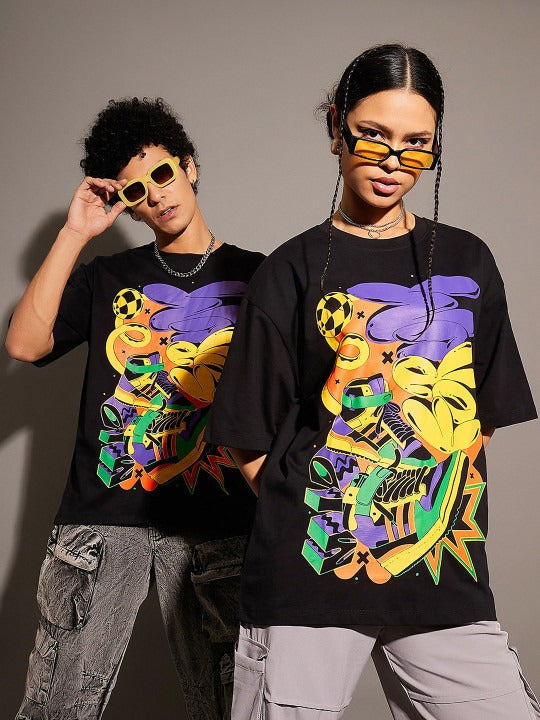 Unisex Black Graphic Printed Pure Cotton Oversized T-shirt – Trendy Streetwear for Men & Women in Pakistan | DOCACCA