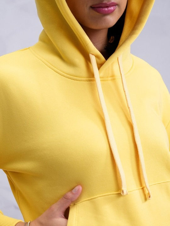 Yellow Relaxed Hooded Pullover Hoodie for Women — Casual Cotton-Blend Sweatshirt | DOCACCA Pakistan