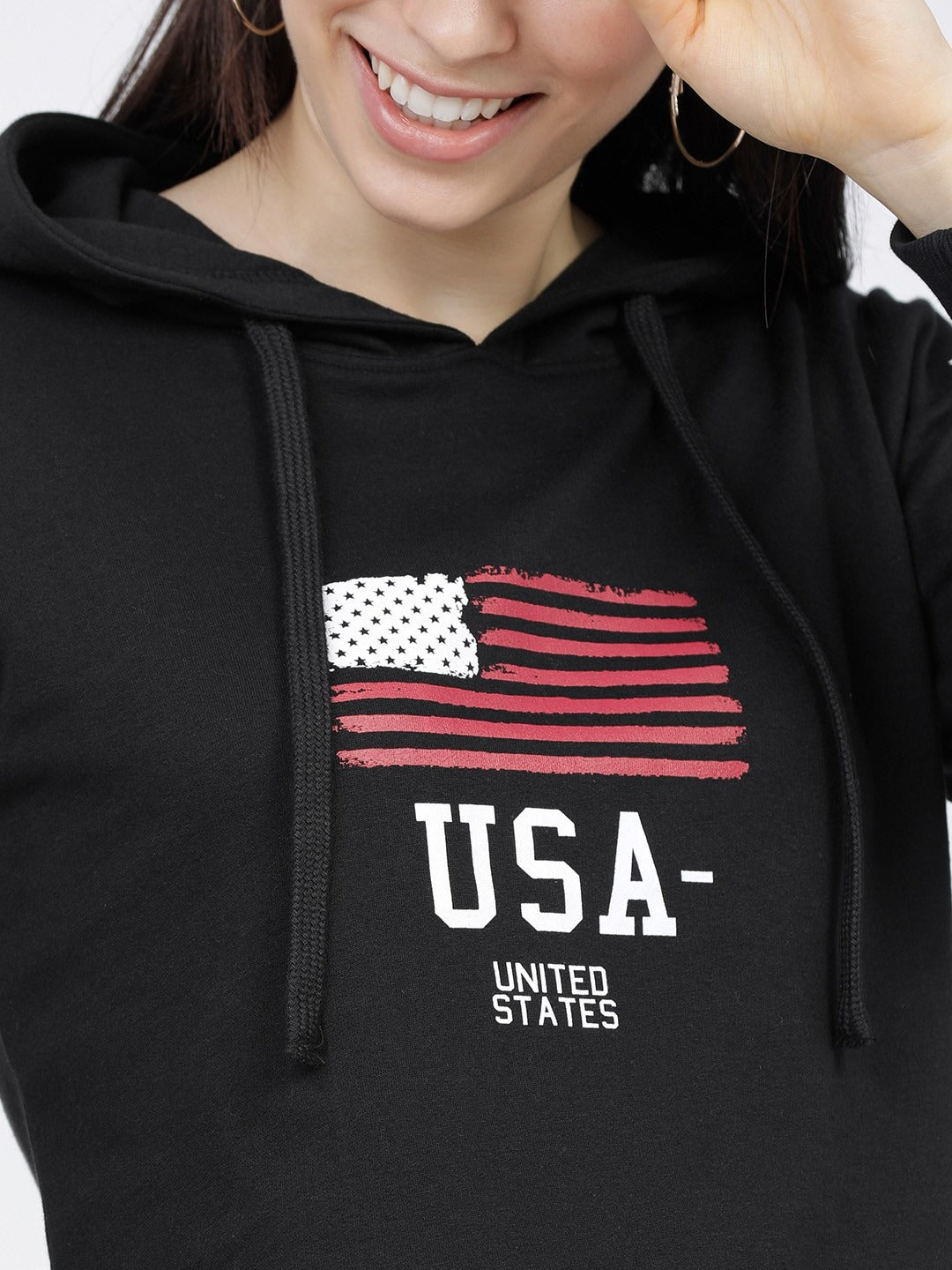 Women Black & White Printed Hooded Hoodie — Graphic Pullover with Kangaroo Pocket | DOCACCA Pakistan