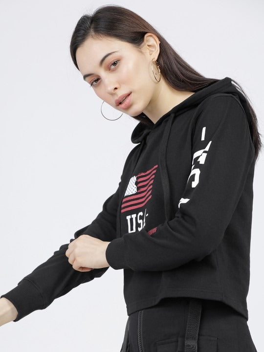 Women Black & White Printed Hooded Hoodie — Graphic Pullover with Kangaroo Pocket | DOCACCA Pakistan