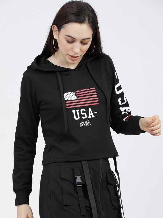 Women Black & White Printed Hooded Hoodie — Graphic Pullover with Kangaroo Pocket | DOCACCA Pakistan