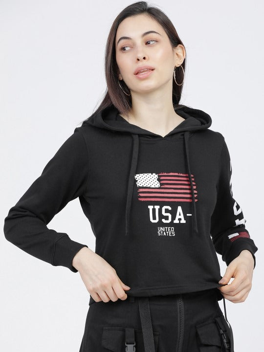 Women Black & White Printed Hooded Hoodie — Graphic Pullover with Kangaroo Pocket | DOCACCA Pakistan