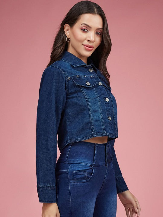 Women Spread Collar Crop Denim Jacket with Patchwork – Trendy Stylish Outerwear in Pakistan | DOCACCA