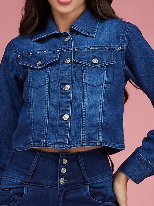 Women Spread Collar Crop Denim Jacket with Patchwork – Trendy Stylish Outerwear in Pakistan | DOCACCA