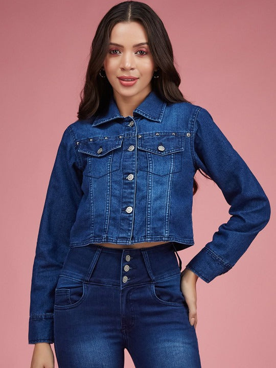 Women Spread Collar Crop Denim Jacket with Patchwork – Trendy Stylish Outerwear in Pakistan | DOCACCA